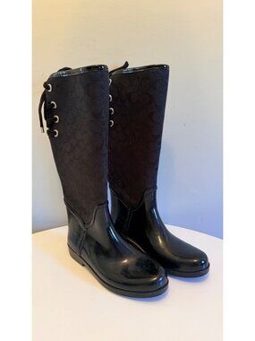 Coach Tristee Black Lace-Up Corset Signature Logo Rain Boots Black Size 9 B READ
